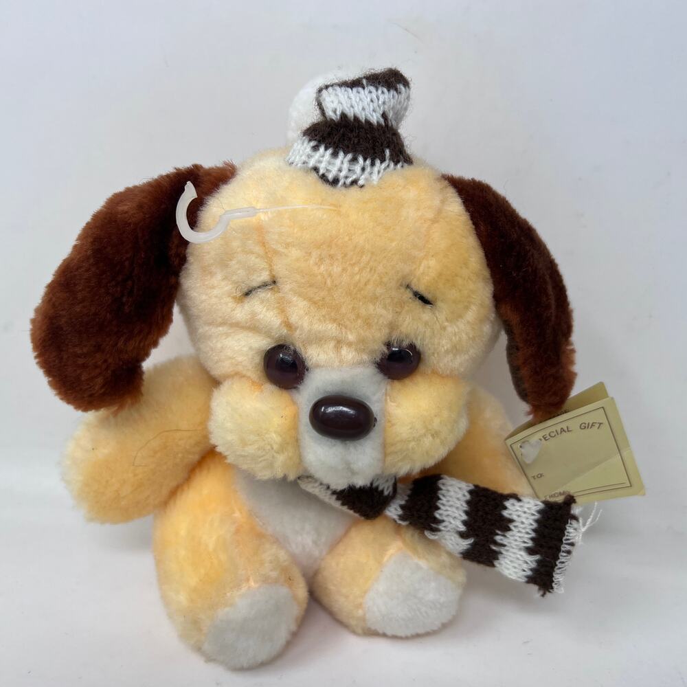 Dan Dee Vintage Puppy Dog Plush‎ Tag Brown Striped Hat Scarf 1979 with tags